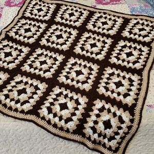 Handmade Brown Cream White Crochet Blanket Small 40" x 40" MCM Vibes!